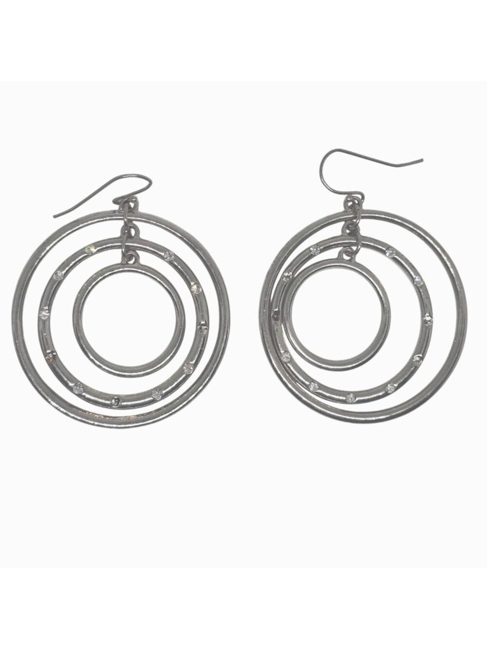 Vintage Silver Tone Triple Circle Hoop Dangle Earrings Rhinestone Accents